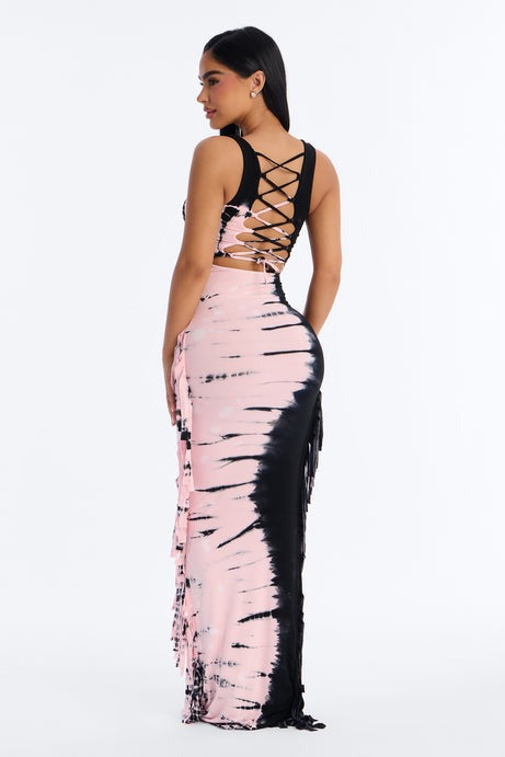 Jadyn Tie Dye Fringe Maxi Dress - Black/Pink
