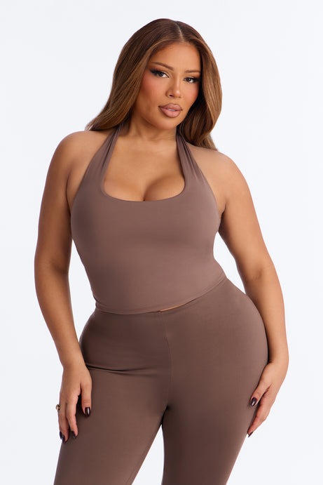 Second Skin Double Lined Twist U Neck Halter Top - Brown