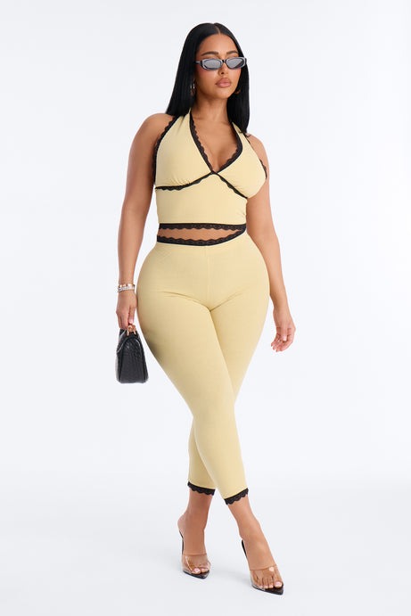 Your's Truly Halter Laced Ribbed Capri Set - Yellow/combo
