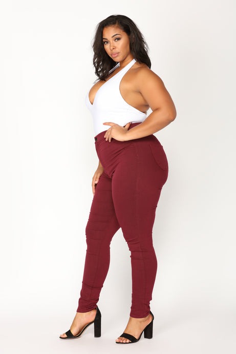 Super High Waist Denim Skinnies - Burgundy