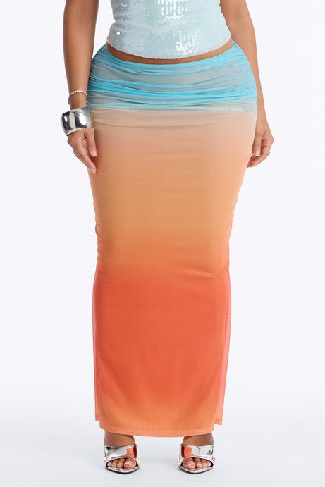 Tulum Sunset Ruched Mesh Maxi Skirt - Multi Color