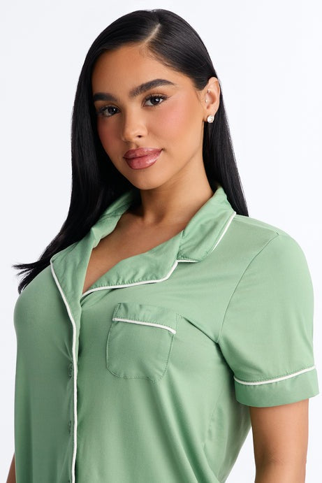 Blush Nights Button Up Short Sleeve PJ Short Set - Green