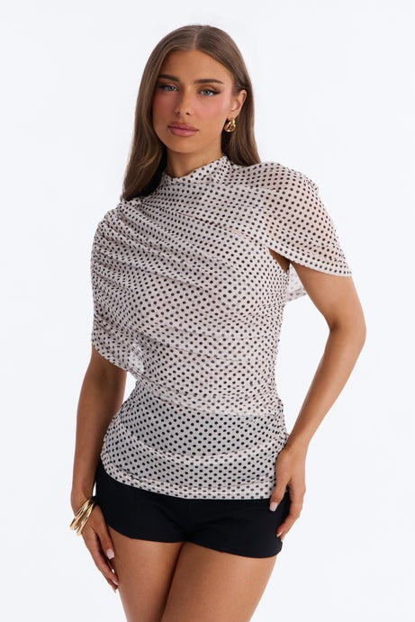 Kendall Mesh Polka Dot Mock Neck Short Sleeve Top - Cream/combo