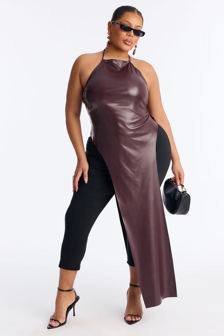 Melina Long Faux Leather Halter Top - Burgundy
