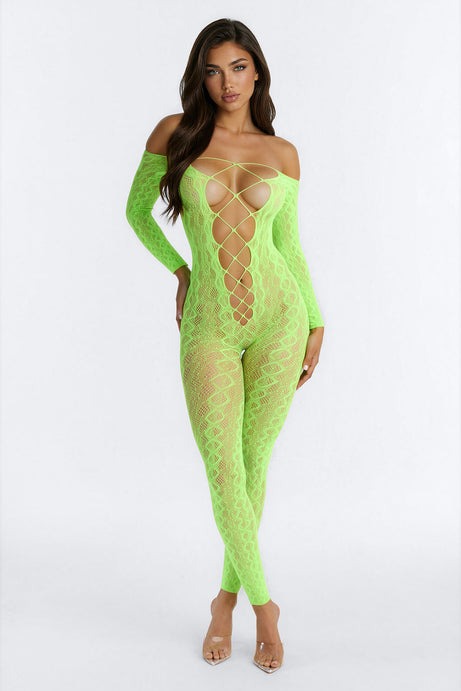 Born To Be A Queen Crotchless Bodystocking - Neon Green