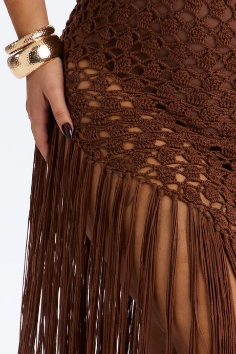 Heatwave Fringe Crochet Maxi Dress - Chocolate
