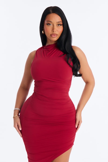 Second Skin Double Lined Ruched Slit Midi Dress - DarkRed