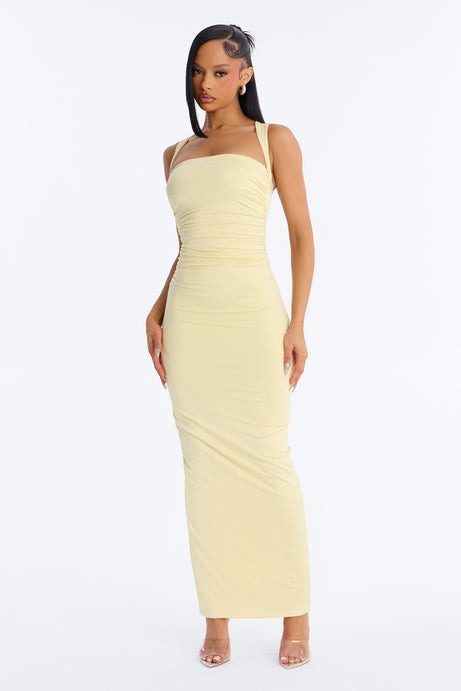 Contour Double Lined Straight Neck Maxi Dress - Butter Yellow