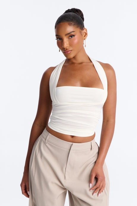 Don't Overthink Ruched Halter Top - White