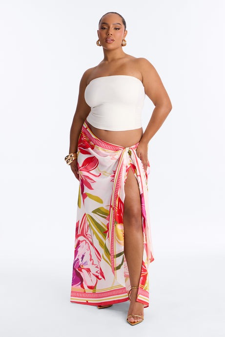 Jet Set Tropical Print Wrap Skirt - Pink/combo