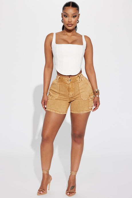 Do You Dare Stretch Denim Cargo Shorts - Tan