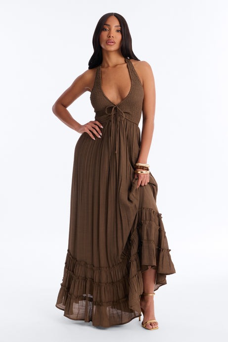 Freya Smocked Linen Maxi Dress - Chocolate