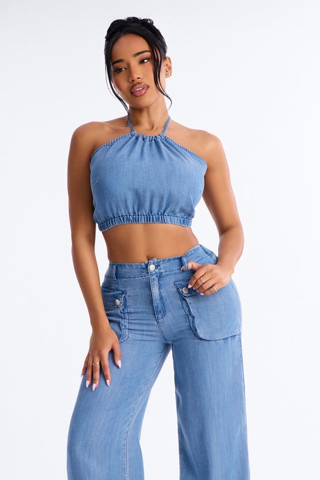 Renee Chambray Halter Pant Set - Blue