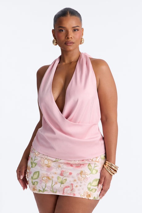 Slightly Chaotic Surplice Neck Satin Halter Top - Pink