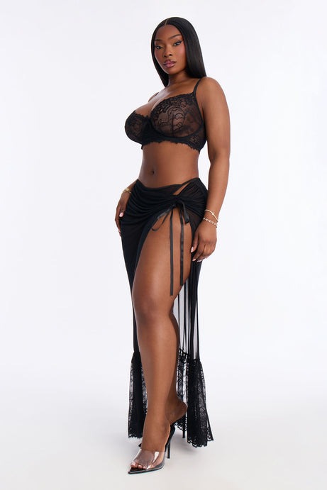 Flirty Gal 3 Piece Mesh Bra And Panty Skirt Set - Black