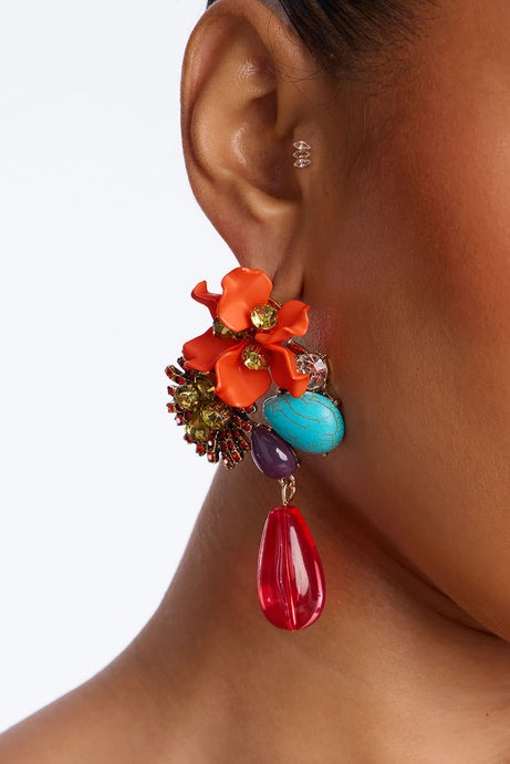 Wild Flower Rhinestone Drop Earrings - Multi Color