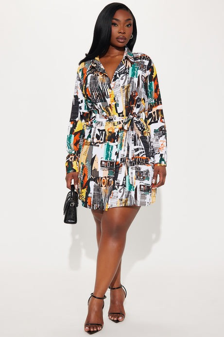 Big News Belted Mini Shirt Dress - Multi Color