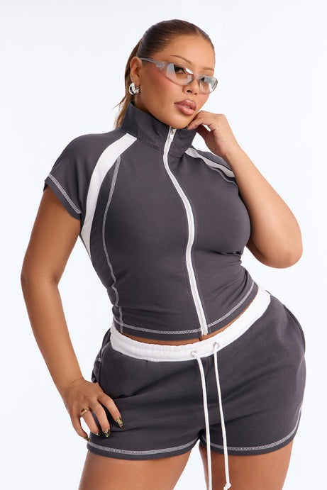Running The Game Zip Front Short Set - Charcoal