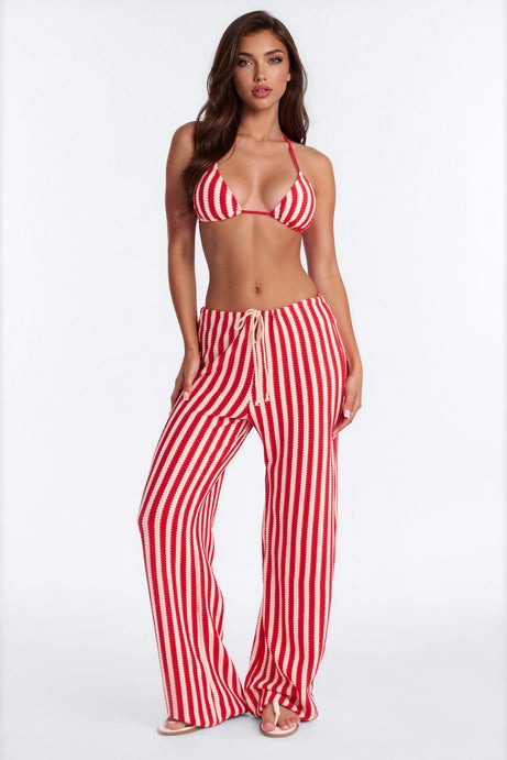 Denver Striped 3 Piece Triangle Bikini & Cover Up Pants Sunsuit - Red/combo