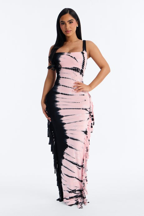 Jadyn Tie Dye Fringe Maxi Dress - Black/Pink