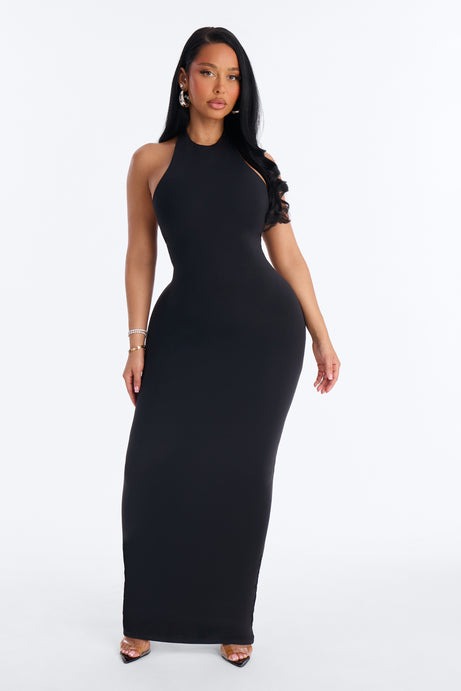 Second Skin Bra Pad Sleeveless Halter Maxi Dress - Black