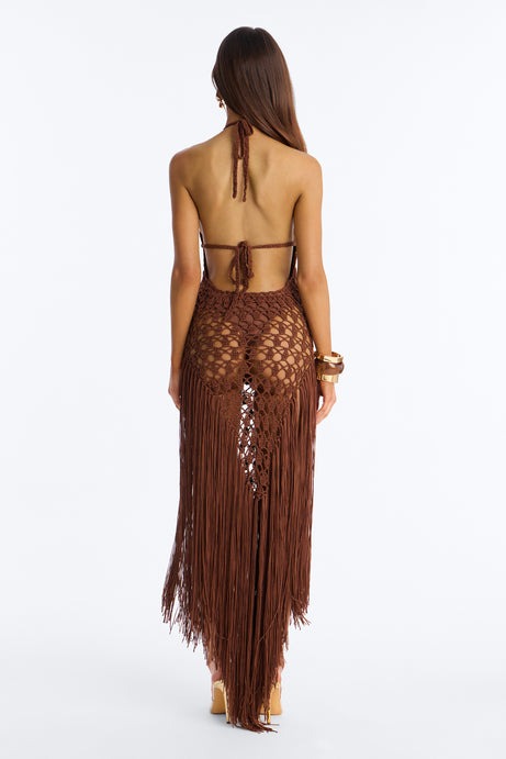 Heatwave Fringe Crochet Maxi Dress - Chocolate