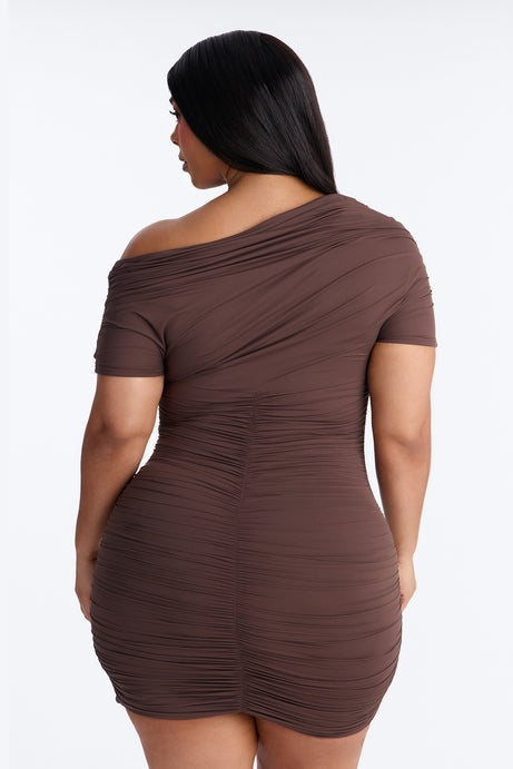 Second Skin Double Lined Off Shoulder Ruched Mini Dress - Chocolate