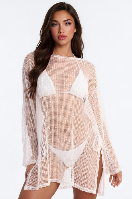 Anastasia Textured Cover Up Boat Neck Dress - White