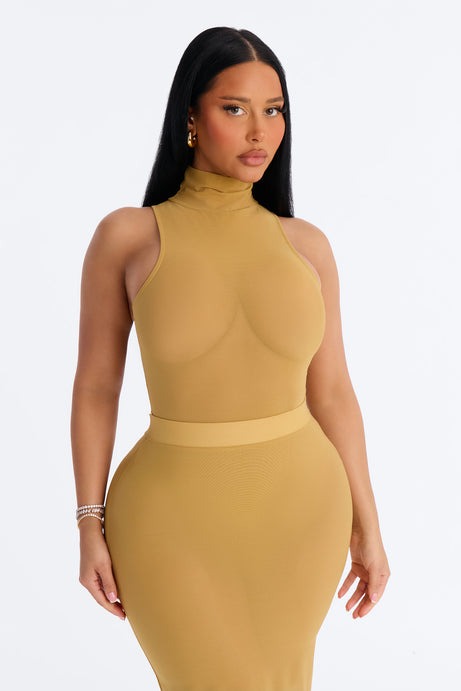 Power Mesh Turtle Neck Sleeveless Bodysuit - Honey