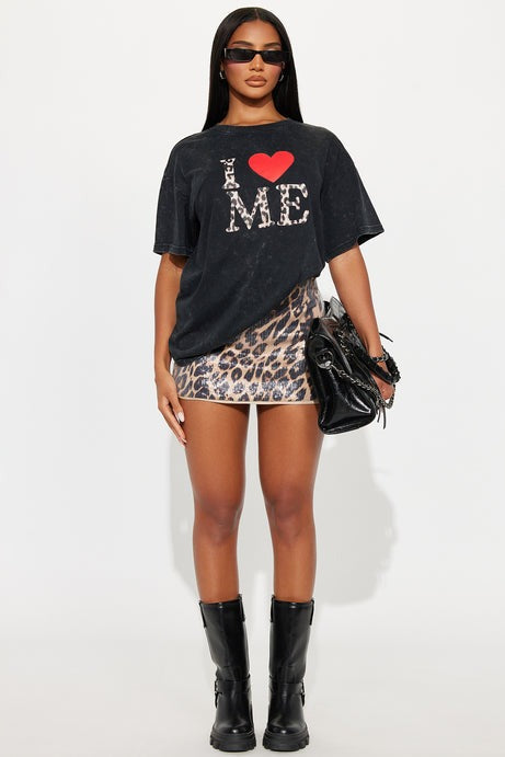 I Love Me Leopard Washed Oversized Tee - Black