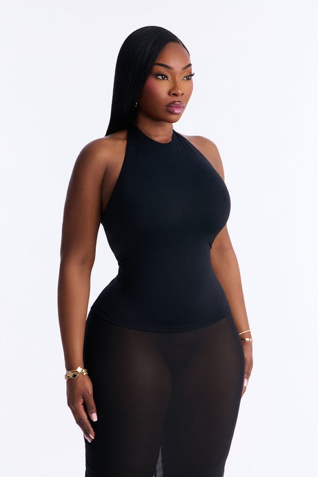 Second Skin Bra Pad Sleeveless Halter Top - Black