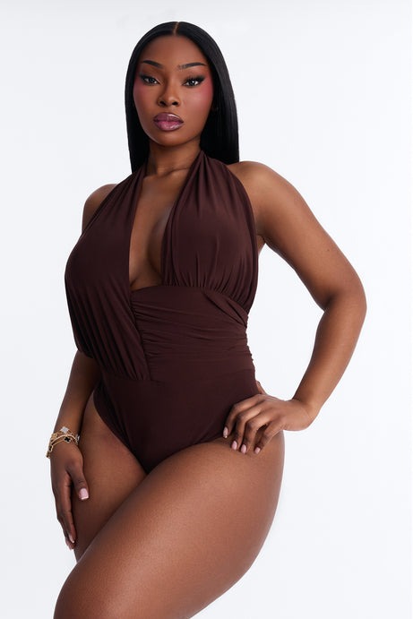 Sultry Nights Halter Ruched Bodysuit - Brown