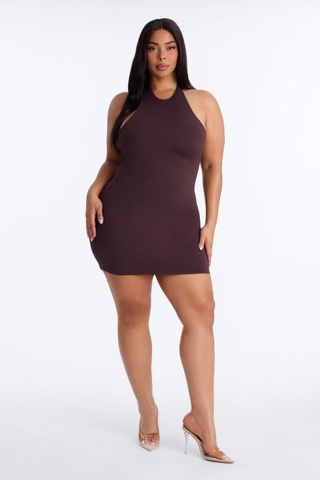 Second Skin Bra Pad Sleeveless Halter Mini Dress - Chocolate
