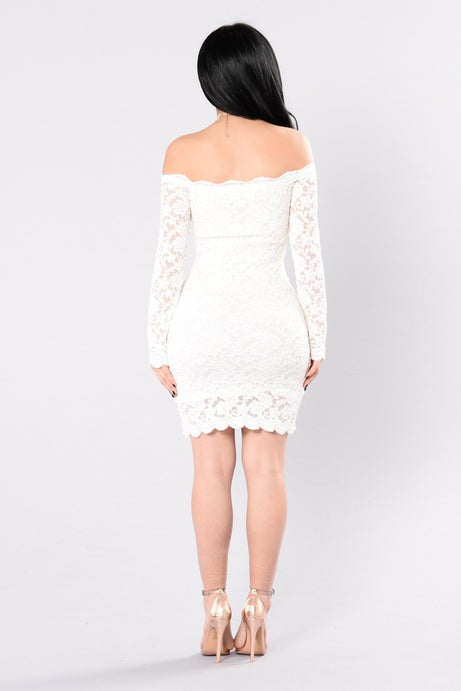 Off Shoulder Lace Bodycon Dress - White