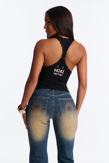 Such A Saint Studded Ribbed Tank Top - Black