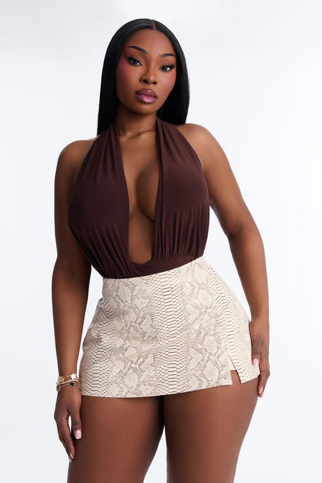 Sultry Nights Halter Ruched Bodysuit - Brown