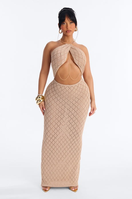 Island It Girl Metallic Crochet Maxi Dress - Taupe