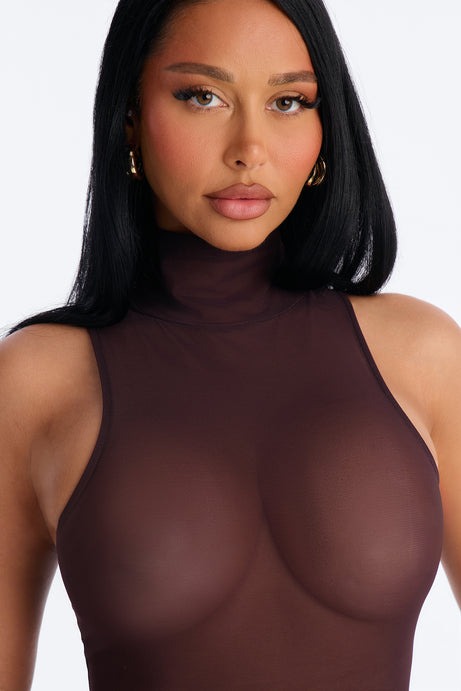 Power Mesh Turtle Neck Sleeveless Bodysuit - Chocolate