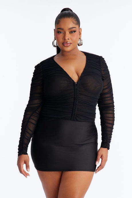Rachel Ruched Hook and Eye Long Sleeve Mesh Bodysuit - Black