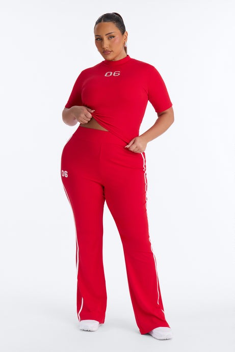 Sporty Vibe Ribbed Pant Set - Red