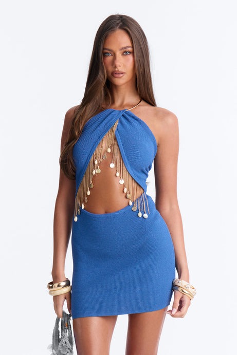 Too Hot For You Fringe Metallic Mini Dress - Blue