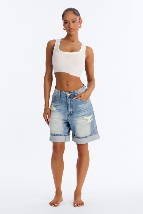 Trust Me Cuffed Denim Bermuda Shorts - Medium Wash