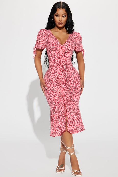 Clarissa Floral Midi Dress - Red/White