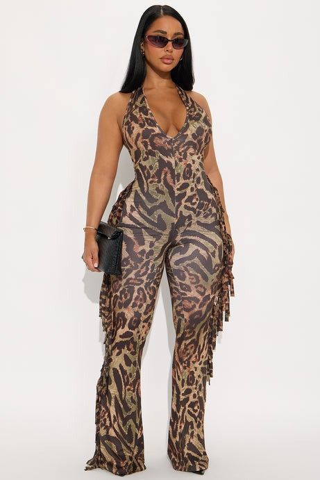 Lush Safari Animal Print Flare Halter Jumpsuit - Brown/combo