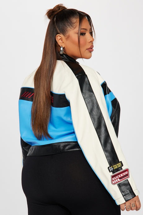 Around The Track Faux Leather Jacket - Blue/combo