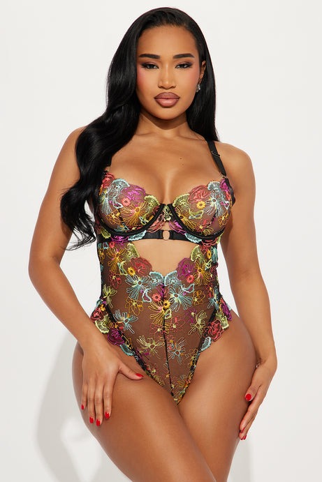 Yours Truly Embroidered Mesh Thong Teddy - Black/combo