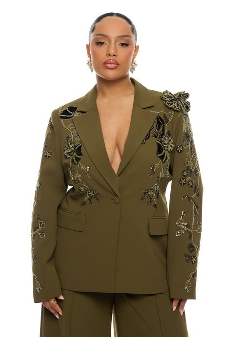 Indie Embellished Blazer Pant Set - Olive