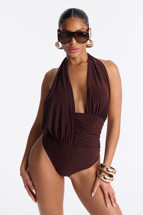Sultry Nights Halter Ruched Bodysuit - Brown
