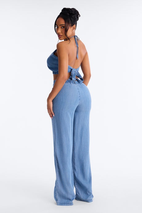 Renee Chambray Halter Pant Set - Blue