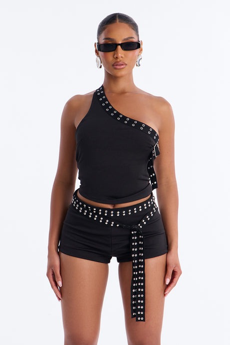 Admit One Studded Grommet Halter Short Set - Black